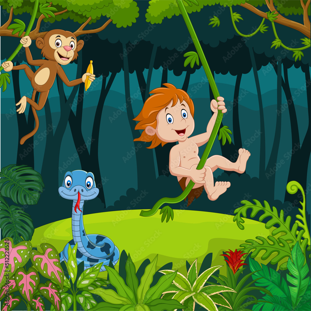 Sticker cartoon tarzan with animals in the jungle