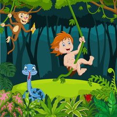 Cartoon tarzan with animals in the jungle