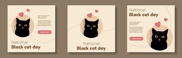 National black cat appreciation day 2022 social media post, banner set, happy kitten celebration advertisement concept, cute pet marketing square ad, August 17th abstract print, isolated on background