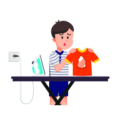 poor boy shows a hole in his shirt because it was exposed to the heat of the iron