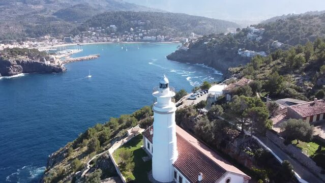 Aerial shoots over beautiful lighthouse located in Mallorca