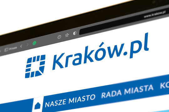 Krakow, Poland - Jun 21, 2022: Official Krakow city website displayed on the screen of an Apple MacBook Pro. News. Information. Procedure. Mayor. Control. Instructions. Documents