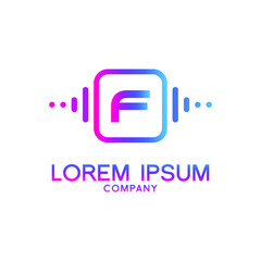 letter F with Pulse music player element. Logo template electronic music, equalizer, store, dj, nightclub, disco. Audio wave logo concept, Multimedia Technology themed, Abstract Shape vector