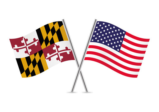 The state of Maryland and America crossed flags. Maryland and American flags on white background. Vector icon set. Vector illustration.