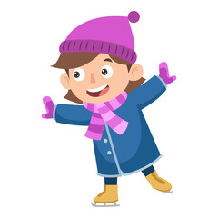 A Girl Wears Her Winter Clothes Playing Ice Skate. Kids Activities.