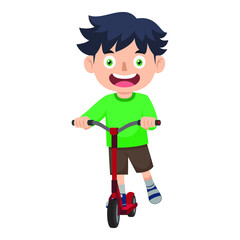 A Boy Is Playing His Two-Wheeled Scooter In A Park. Kids Activities.