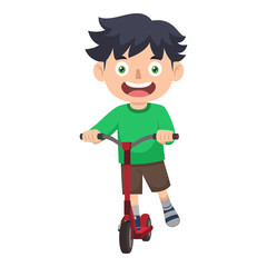 A Boy Is Playing His Two-Wheeled Scooter In A Park. Kids Activities.