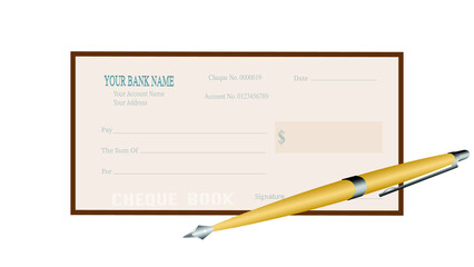 Cheque book in brown color with yellow and silver pen in white background 