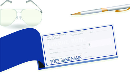 Cheque book in soft green color with red pen and hot coffee in red mug in white background 