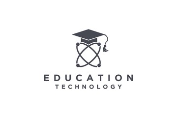 Electron logo design with graduation toga hat school science symbol proton atom orbital core artificial intellegence