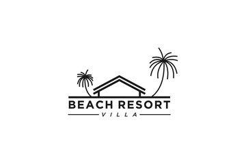 Beach resort logo palm tree element chalet roof cottage icon minimalist