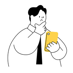 A businessman who thinks while looking at a mobile phone.