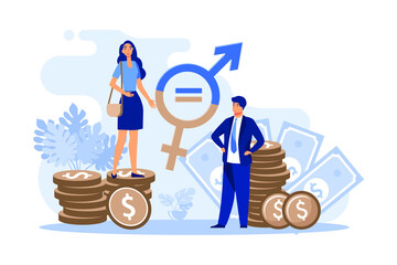 Gender wage equality in business isolated flat vector illustration. Happy female and male tiny characters working together with respect. Diversity, tolerance and discrimination concept. flat design mo