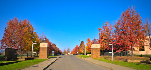 Main entrance gate of the campus of University of Talca during autumn under blue sky