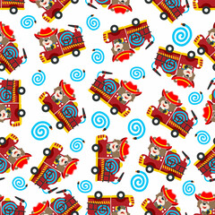 Naklejka premium Vector of seamless pattern fire fighter car with animal fire fighter cartoon, Creative vector childish background for fabric, textile, nursery wallpaper, card, poster and other decoration.