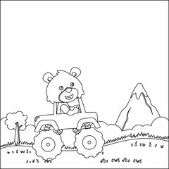 Vector illustration of monster truck with cute animal driver. Cartoon isolated vector illustration, Creative vector Childish design for kids activity colouring book or page. © Hijaznahwani