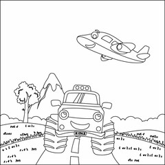 Vector illustration of monster truck with cartoon style. Cartoon isolated vector illustration, Creative vector Childish design for kids activity colouring book or page. © Hijaznahwani