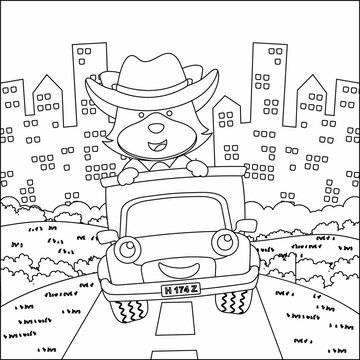Vector illustration of cute little fox on a truck go to forest, Cartoon isolated vector illustration, Creative vector Childish design for kids activity colouring book or page.