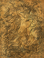 Fototapeta na wymiar Fantasy illustration with beautiful girl princess and magic unicorn