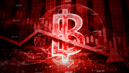 Baht money, Recession global market crisis stock red price drop arrow down chart fall, Stock market exchange analysis business and finance, Money losing, Economic Inflation investment 3d rendering