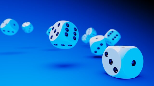 Rolling white-black dices under 
blue lighting background. Conceptual 3D illustration of establishment statistics, business opportunities, life crossroads and horse race gambling.