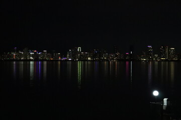 Miami Night view from Biscayne Bay. City lights from sea
