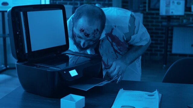 Creepy doomsday brain-eating monster damaging photocopy electronic device at night. Mindless horror zombie with deep bloody wounds trying to use office printer in agency workspace.