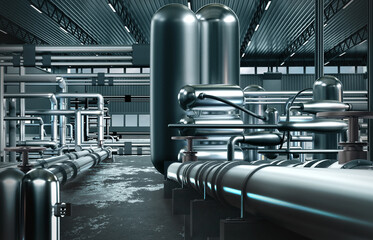 Gas compressor station. Distribution system pipes. Hangar with steel pipelines. Processing gas into propane concept. Industrial building with metal boilers. Propane and methane production. 3d image. - obrazy, fototapety, plakaty