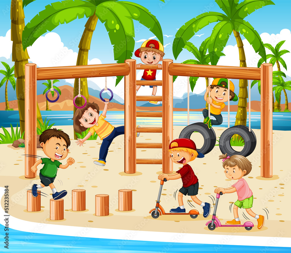 Wall mural beach playground with happy children