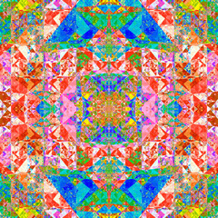 Composición de arte geométrico digital consistente en formas entrelazadas simétricamente en colores llamativos en un conjunto que muestra un mosaico extravagante de objetos puntiagudos.