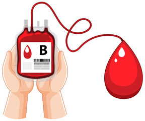 A hand holding blood bag type B donation