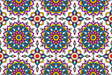 Abstract geometric ethnic mandala seamless pattern design. Aztec fabric carpet mandala ornaments textile decorations wallpaper. Tribal boho native mandalas turkey traditional embroidery vector 