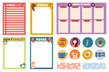 collection of note paper, planner stickers, to do list for weekly or daily planner, school scheduler and organizer