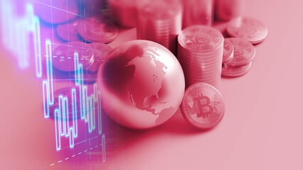 stacks of Bitcoins  crypto currency and money  3dillustration. - obrazy, fototapety, plakaty