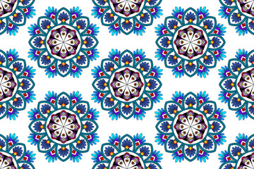 Abstract geometric ethnic mandala seamless pattern design. Aztec fabric carpet mandala ornaments textile decorations wallpaper. Tribal boho native mandalas turkey traditional embroidery vector 