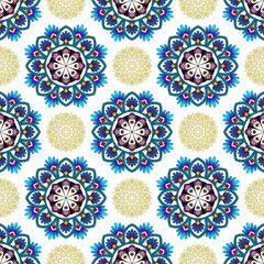 Abstract geometric ethnic mandala seamless pattern design. Aztec fabric carpet mandala ornaments textile decorations wallpaper. Tribal boho native mandalas turkey traditional embroidery vector 