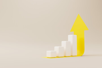Growthing white graph bar with yellow arrow sign on background. Business development to success and growing growth concept. 3d rendering illustration - obrazy, fototapety, plakaty