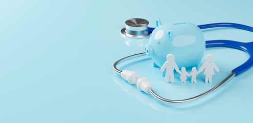 Top view of medical stethoscope with piggy bank and icon family on cyan background. Investment in health insurance and wealth concept. 3d rendering