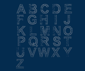 Obraz premium Alphabet Polygon. Font by Triangles. ABC. Isolated Objects on a Blue Background. Thin Overlapping Lines, 3d render