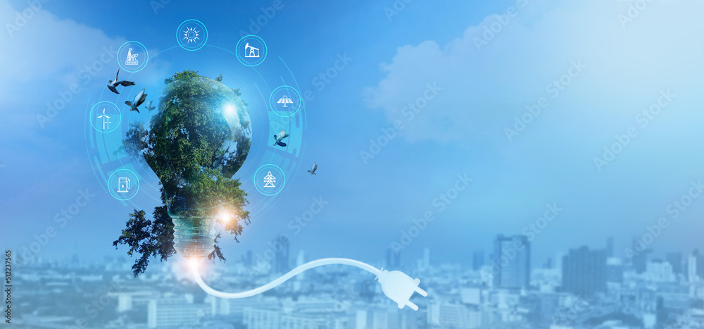 Poster light bulb with green tree inside with energy resources icon. electricity and energy saving concept.