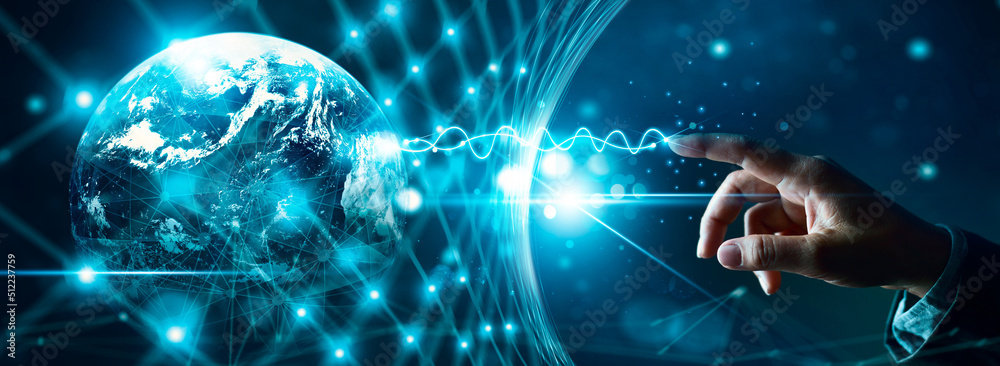 Poster Businessman touching global network and data exchange connection. Business of internet. Big data visualization. global business. Social network communication. Science. Internet technology. .