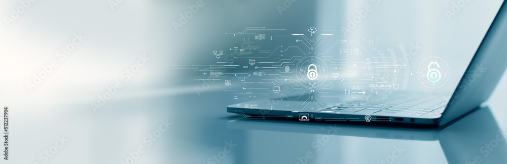 Poster .Laptop with padlock. Password and scanning unlock and access to business data network. Cloud. Biometric identification and cyber security protect business transaction from online digital cyber attack