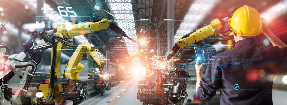 Poster Engineer check and control welding robotics automatic arms machine in intelligent factory automotive industrial with monitoring system software. Digital manufacturing operation. Industry 4.0