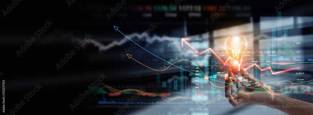 Poster businessman hold bright idea light bulb with growth graph and success in stock market investment. in