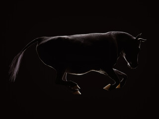 Silhouette of a cow rushing over a dark background. Side view. 3d illustration.