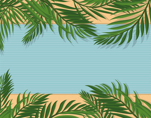 Fototapeta na wymiar Seasonal top view scene with sand, towel and palm leaves, Vector illustration