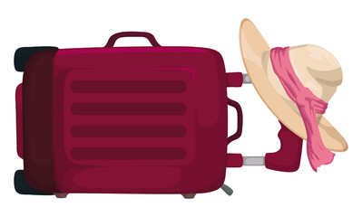 Laid down suitcase with fancy woman's hat, Vector illustration
