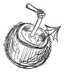 Drawing of beverage in a coconut with umbrella and straw, Vector illustration