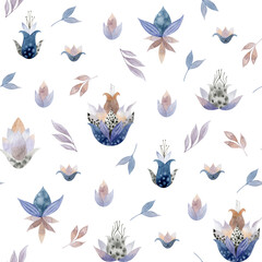 Seamless watercolor pattern with stylized flowers and leaves.