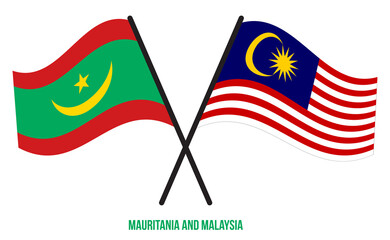 Mauritania and Malaysia Flags Crossed And Waving Flat Style. Official Proportion. Correct Colors.